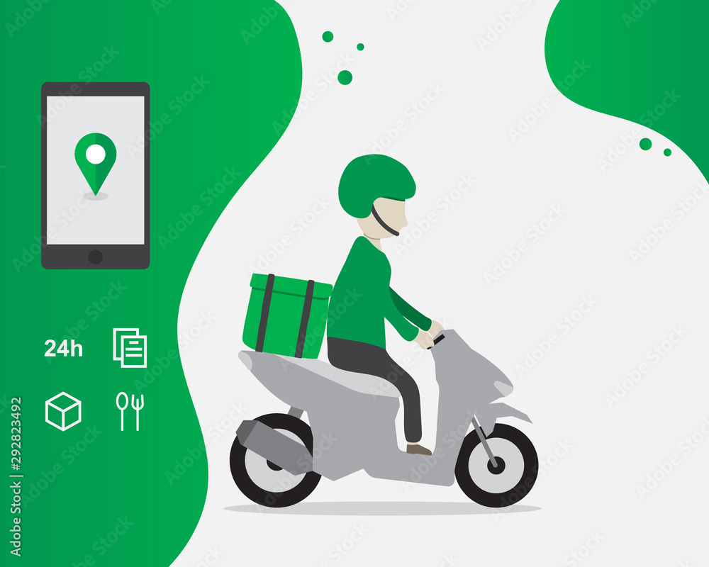 Delivery service cartoon illustration, Grab food, transportation order, Template, Web banner, Mobile app, Facebook ads, Food online, Order through the app, Fast delivery concept