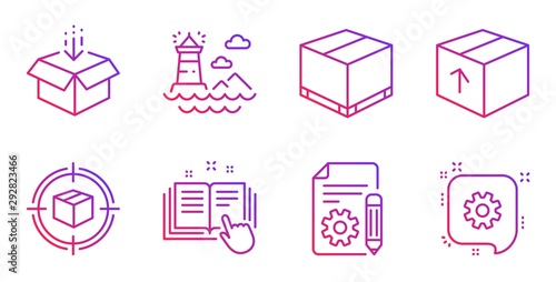 Technical documentation, Lighthouse and Delivery box line icons set. Parcel tracking, Documentation and Get box signs. Package, Cogwheel symbols. Manual, Navigation beacon. Industrial set. Vector