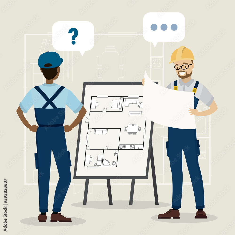 Two people- african american worker and caucasian architect are talking, board with house plan or apartment scheme Two people- african american worker and caucasian architect are talking, board with house plan or apartment scheme