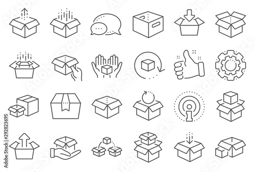 Box line icons. Package, delivery boxes, cargo box. Cargo distribution, export boxes, return parcel icons. Shipment of goods, purchase container, open package. Logistics goods. Line signs set. Vector