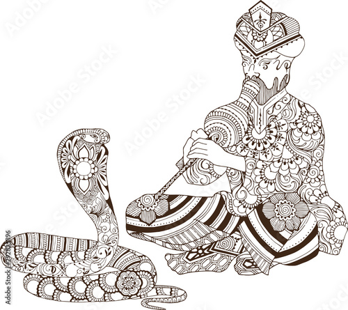 The snake charmer. Silhouette of a man playing pungi near a snake. Drawn in the style of Indian mehndi on a white background.
