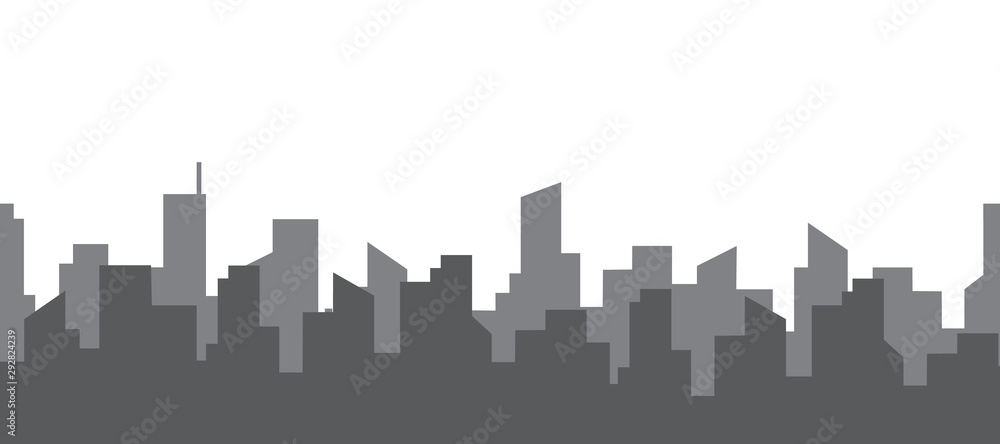 Dark silhouette of two streets of a big city. Seamless horizontal pattern. Skyscrapers on a background of clear sky with copy space. Vector flat style illustration