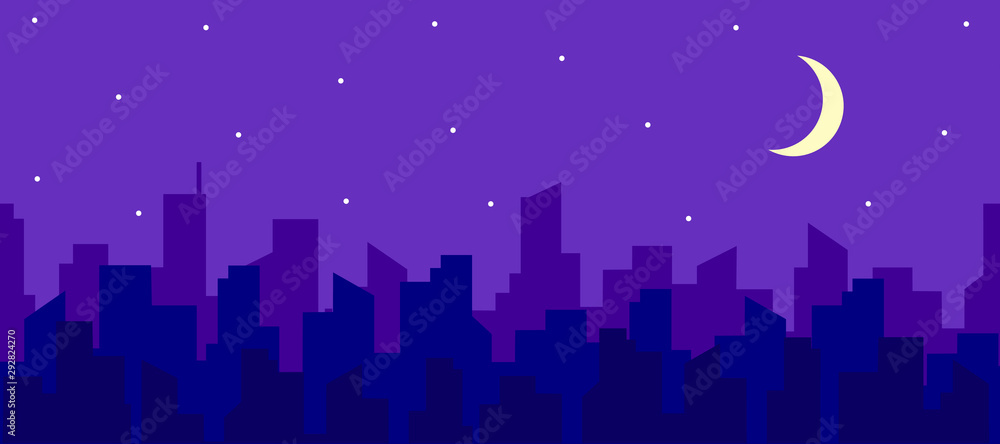 Seamless horizontal panorama of night cityscape with moon and stars. .Silhouettes of skyscraper roofs. Vector endless illustration for breaking long banners or game locations