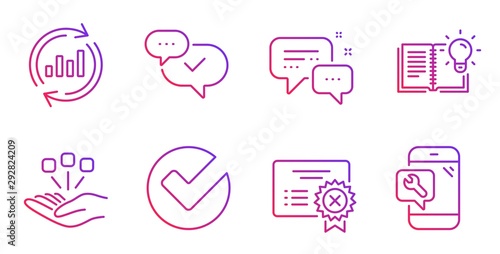 Approved, Consolidation and Verify line icons set. Product knowledge, Employees messenger and Update data signs. Reject certificate, Phone repair symbols. Chat message, Strategy. Vector