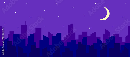 Seamless horizontal panorama of night cityscape with moon and stars. .Silhouettes of skyscraper roofs. Vector endless illustration for breaking long banners or game locations