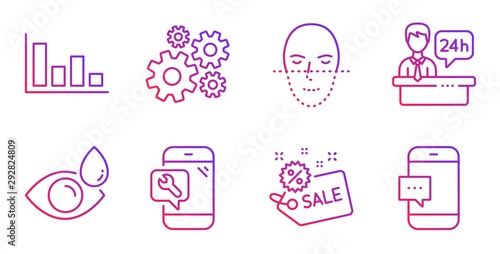 Histogram, Phone repair and Face recognition line icons set. Eye drops, Reception desk and Sale signs. Cogwheel, Smartphone message symbols. Economic trend, Spanner service. Business set. Vector