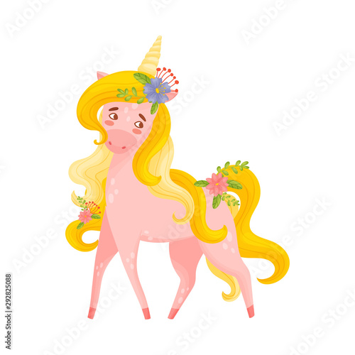 Pink Unicorn Female With Flowers In Hair Vector Illustration