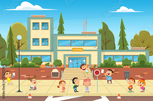 Modern school, college building on city street background.