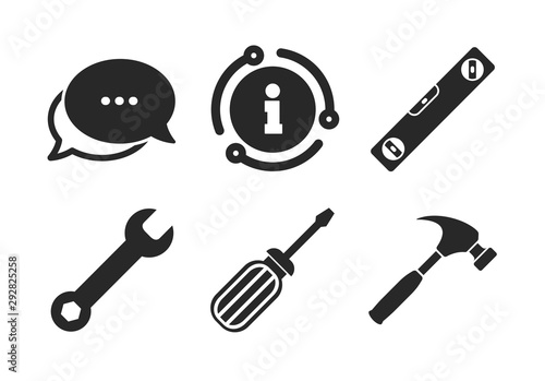 Bubble level and hammer sign symbols. Chat, info sign. Screwdriver and wrench key tool icons. Classic style speech bubble icon. Vector