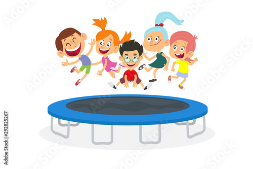 Energetic kids jumping on trampoline isolated on white background.