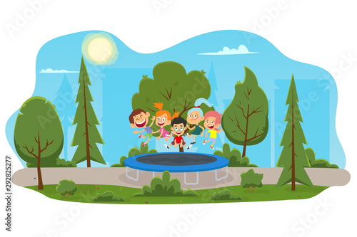 funny children jump on a trampoline in a city park.