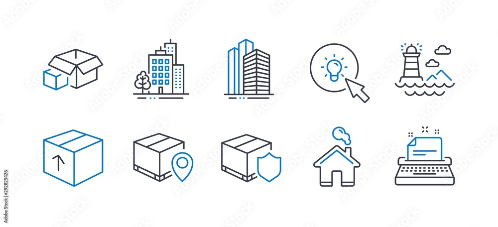 Set of Industrial icons, such as Package, Buildings, Delivery insurance, Skyscraper buildings, Lighthouse, Parcel tracking, Energy, Home, Packing boxes, Typewriter line icons. Vector Set of Industrial icons, such as Package, Buildings, Delivery insurance, Skyscraper buildings, Lighthouse, Parcel tracking, Energy, Home, Packing boxes, Typewriter line icons. Vector