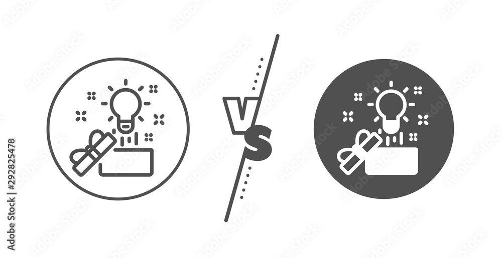 Creativity sign. Versus concept. Out of the box line icon. Gift box with idea symbol. Line vs classic creative idea icon. Vector Creativity sign. Versus concept. Out of the box line icon. Gift box with idea symbol. Line vs classic creative idea icon. Vector