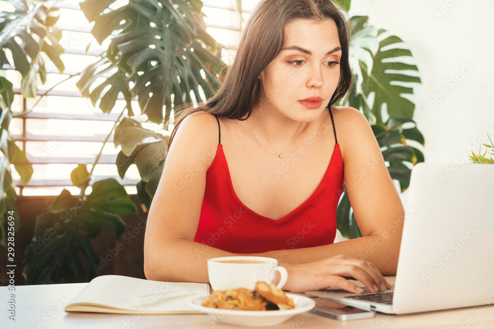 Young woman using laptop at home or in cafe Young woman using laptop at home or in cafe