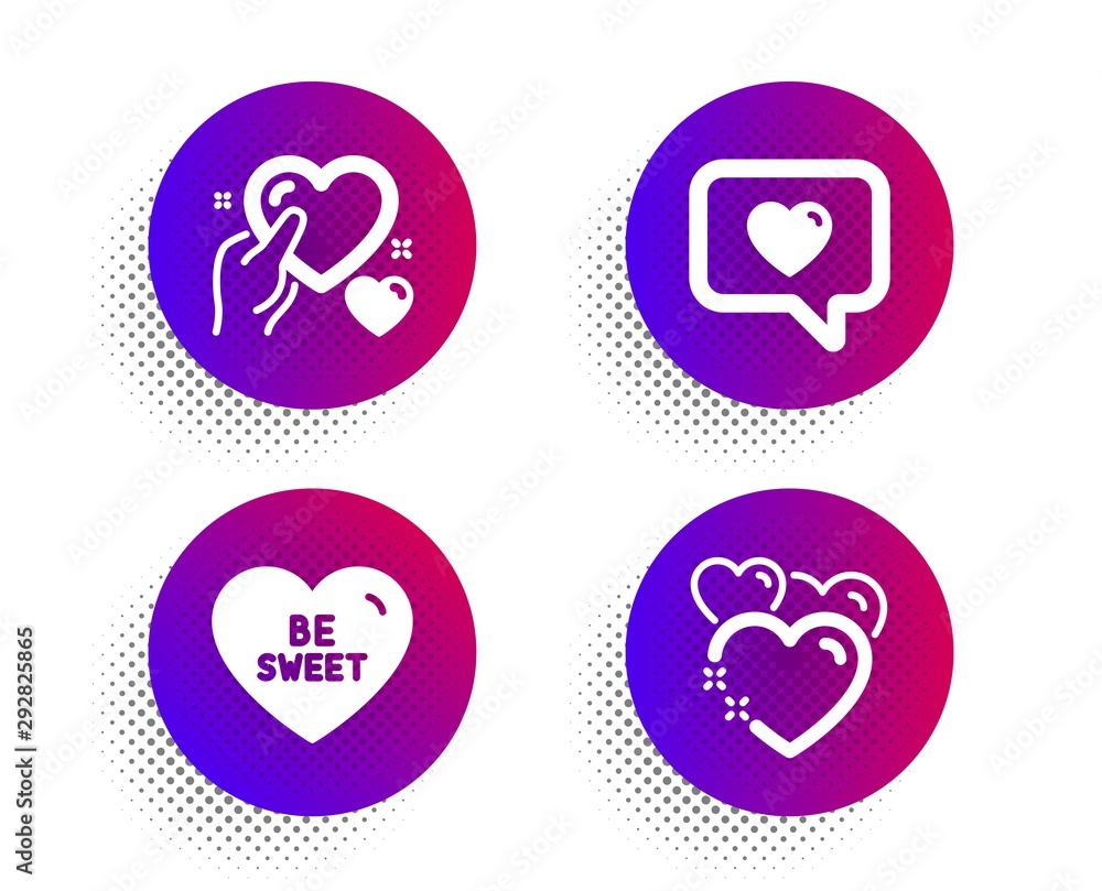 Love message, Be sweet and Hold heart icons simple set. Halftone dots button. Heart sign. Dating service, Love sweetheart. Love set. Classic flat love message icon. Vector