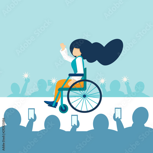 Disabled woman fashion designer rides on the catwalk and greets the audience of visitors to Fashion Week. The concept of equal opportunity. A person with disabilities works and is employed. Vector