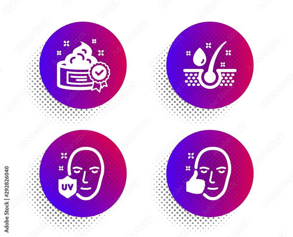 Cream, Serum oil and Uv protection icons simple set. Halftone dots button. Healthy face sign. Best lotion, Healthy hairs, Ultraviolet. Beauty set. Classic flat cream icon. Vector Cream, Serum oil and Uv protection icons simple set. Halftone dots button. Healthy face sign. Best lotion, Healthy hairs, Ultraviolet. Beauty set. Classic flat cream icon. Vector