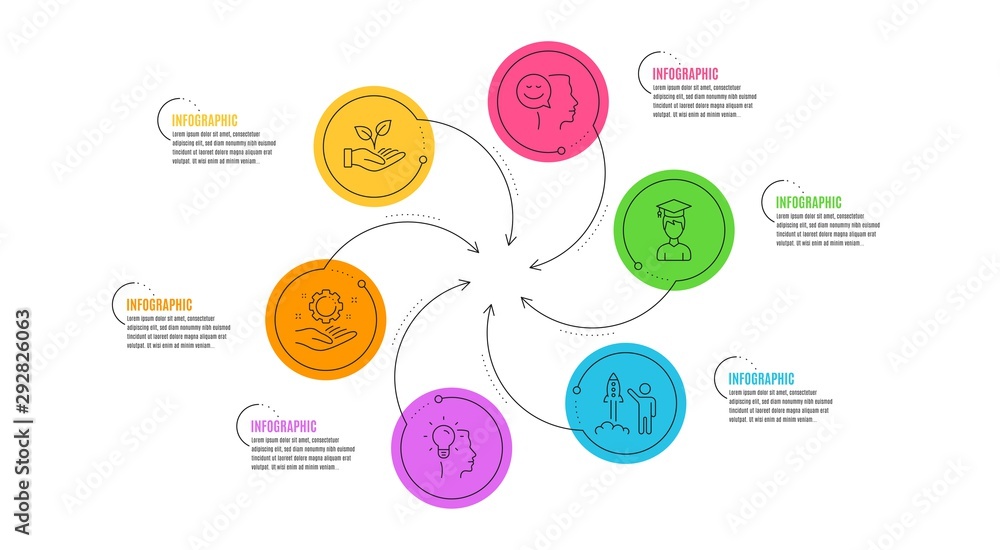 Employee hand, Helping hand and Good mood line icons set. Infographic timeline. Student, Launch project and Idea signs. Work gear, Startup palm, Positive thinking. Graduation cap. People set. Vector Employee hand, Helping hand and Good mood line icons set. Infographic timeline. Student, Launch project and Idea signs. Work gear, Startup palm, Positive thinking. Graduation cap. People set. Vector
