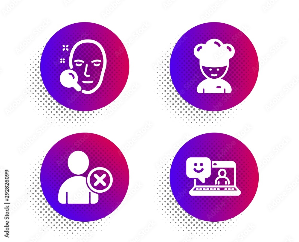 Face search, Delete user and Cooking chef icons simple set. Halftone dots button. Smile sign. Find user, Remove profile, Sous-chef. Laptop feedback. People set. Classic flat face search icon. Vector Face search, Delete user and Cooking chef icons simple set. Halftone dots button. Smile sign. Find user, Remove profile, Sous-chef. Laptop feedback. People set. Classic flat face search icon. Vector