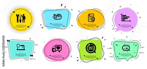 Speedometer, Horizontal chart and Recovery laptop line icons set. Chat bubbles with quotes. Heart, Repairman and Yummy smile signs. 360 degrees, Certificate symbols. Vector