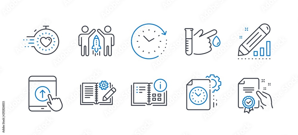 Set of Science icons, such as Partnership, Swipe up, Blood donation, Engineering documentation, Timer, Project deadline, Instruction info, Time change, Edit statistics, Certificate. Vector Set of Science icons, such as Partnership, Swipe up, Blood donation, Engineering documentation, Timer, Project deadline, Instruction info, Time change, Edit statistics, Certificate. Vector