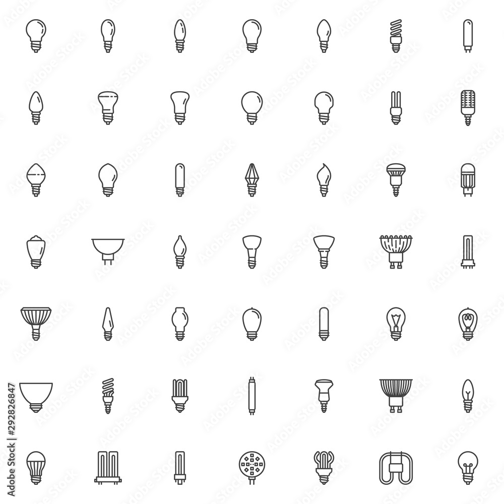 Light bulbs line icons set. linear style symbols collection, outline signs pack. vector graphics. Set includes icons as Electric light bulb, energy saving fluorescent lamp, incandescent and LED Light bulbs line icons set. linear style symbols collection, outline signs pack. vector graphics. Set includes icons as Electric light bulb, energy saving fluorescent lamp, incandescent and LED