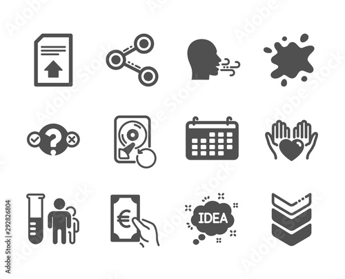Set of Business icons, such as Idea, Finance, Quiz test, Share, Shoulder strap, Dirty spot, Recovery hdd, Medical analyzes, Hold heart, Upload file, Calendar, Breathing exercise. Idea icon. Vector