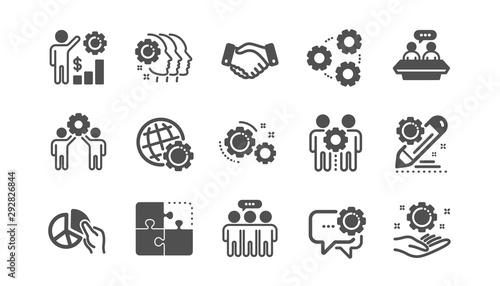 Employees benefits icons. Business strategy  handshake and people collaboration. Teamwork  social responsibility  people relationship icons. Classic set. Quality set. Vector