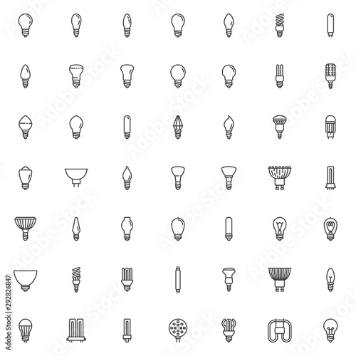 Light bulbs line icons set. linear style symbols collection, outline signs pack. vector graphics. Set includes icons as Electric light bulb, energy saving fluorescent lamp, incandescent and LED