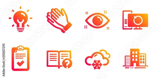 Health eye, Snow weather and Checklist line icons set. Recovery computer, Energy and Help signs. Clapping hands, Buildings symbols. Optometry, Snowflake. Business set. Vector
