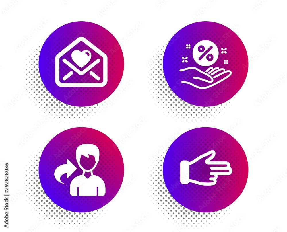 Love letter, Loan percent and Share icons simple set. Halftone dots button. Click hand sign. Heart, Discount hand, Male user. Direction finger. People set. Classic flat love letter icon. Vector