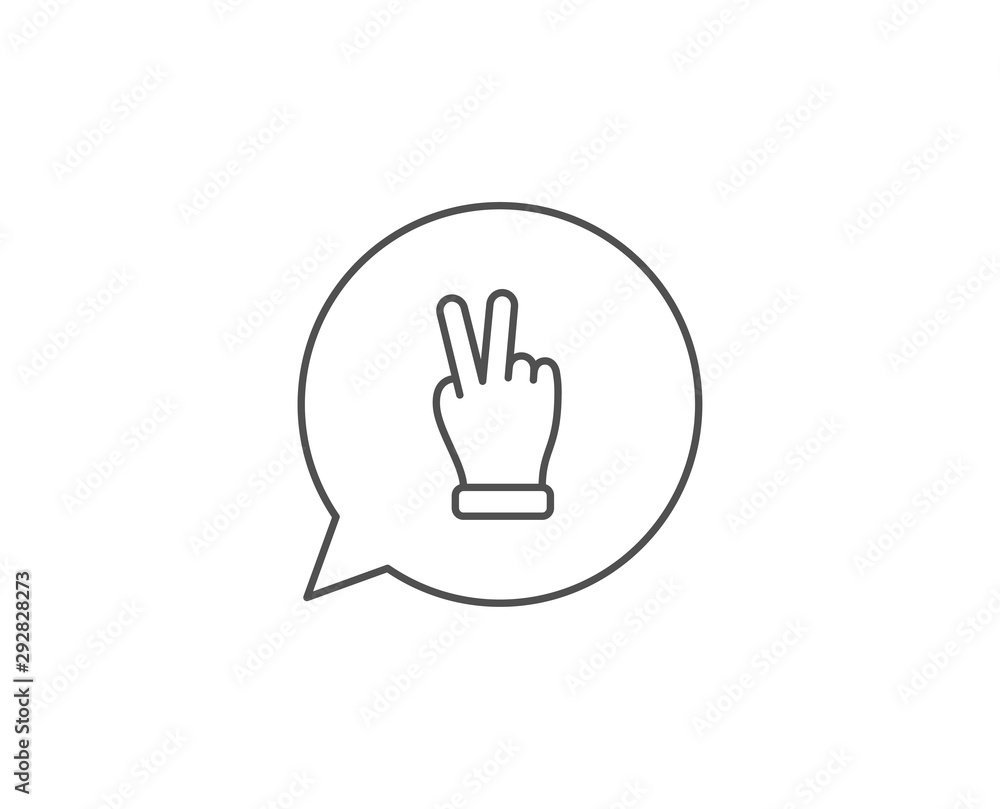 Victory hand line icon. Chat bubble design. Two fingers palm sign. Gesture symbol. Outline concept. Thin line victory hand icon. Vector Victory hand line icon. Chat bubble design. Two fingers palm sign. Gesture symbol. Outline concept. Thin line victory hand icon. Vector