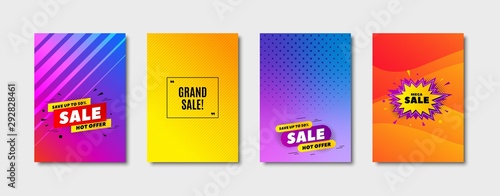 Grand sale symbol. Cover design, banner badge. Special offer price sign. Advertising discounts symbol. Poster template. Sale, hot offer discount. Flyer or cover background. Vector