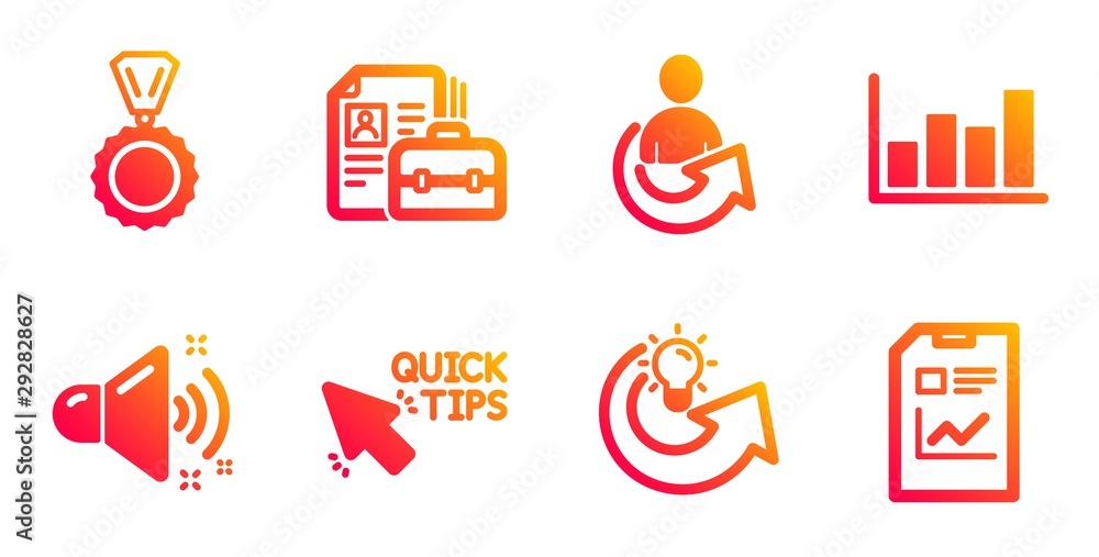 Quick tips, Loud sound and Report diagram line icons set. Share idea, Share and Vacancy signs. Medal, Report document symbols. Helpful tricks, Music. Education set. Vector