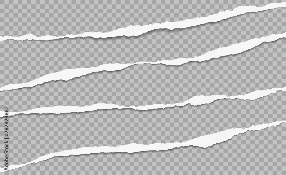 Obraz premium Torn, ripped white horizontal paper strips with soft shadow are on grey squared background. Vector template illustration