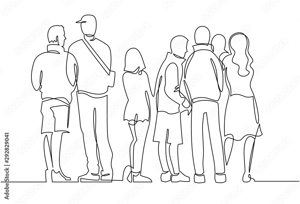Contour line drawing group of people waiting in queue. Crowd standing at concert, meeting back view Contour line drawing group of people waiting in queue. Crowd standing at concert, meeting back view