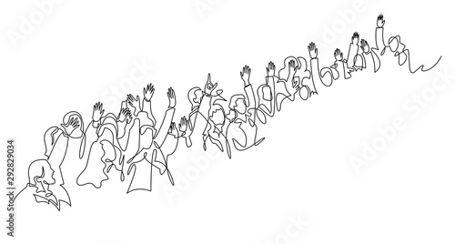 Cheerful crowd cheering illustration. Hands up. Group of applause people continuous one line vector drawing.