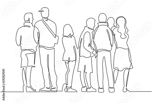 Contour line drawing group of people waiting in queue. Crowd standing at concert, meeting back view