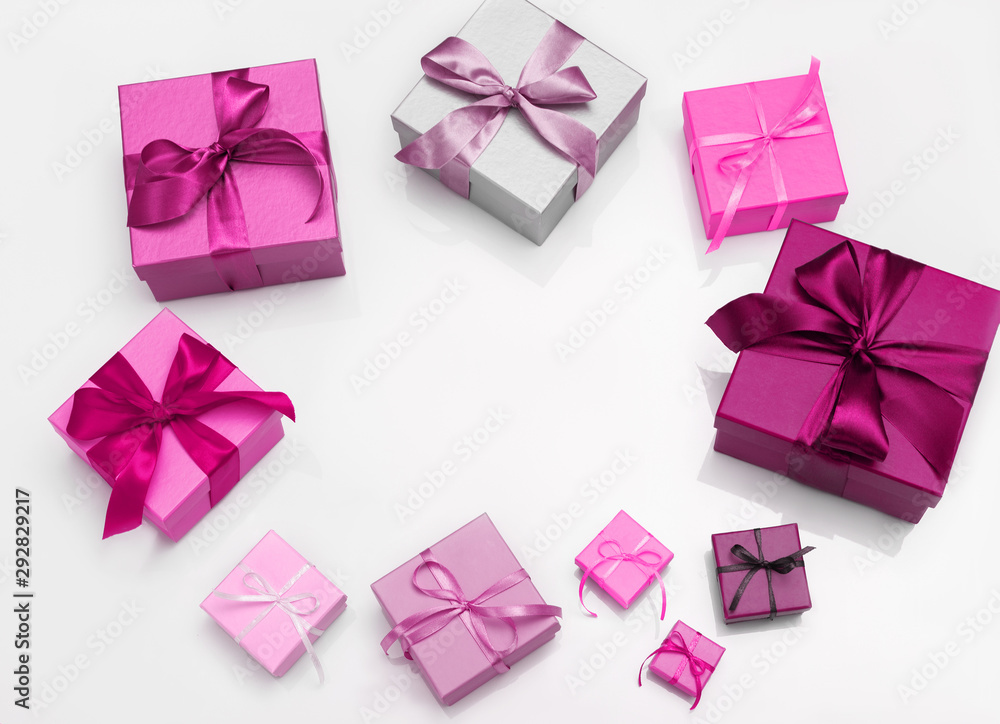 Multi-colored gift boxes with bow. Flatlay Multi-colored gift boxes with bow. Flatlay