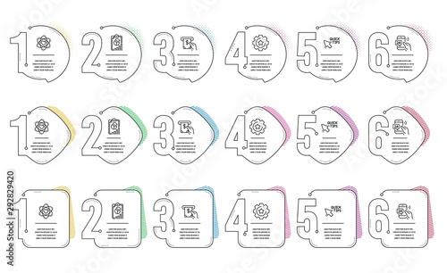 Atom, Quick tips and 24h service line icons set. Infographic timeline. Report, Atm service and Settings gear signs. Electron, Helpful tricks, Call support. Presentation chart. Technology set. Vector