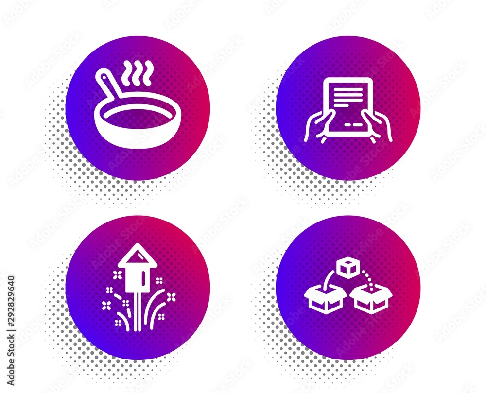 Frying pan, Receive file and Fireworks icons simple set. Halftone dots button. Parcel shipping sign. Cooking utensil, Hold document, Christmas pyrotechnic. Send box. Business set. Vector