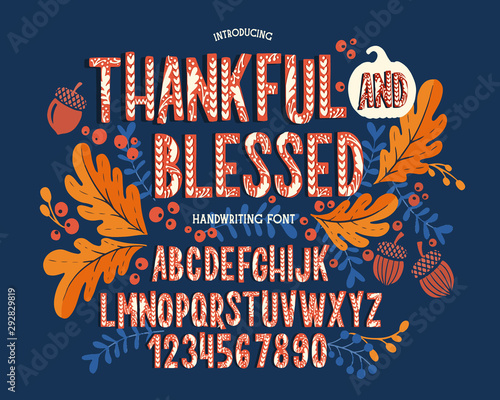 Font thanksgiving day. Typography alphabet with colorful autumn illustrations.