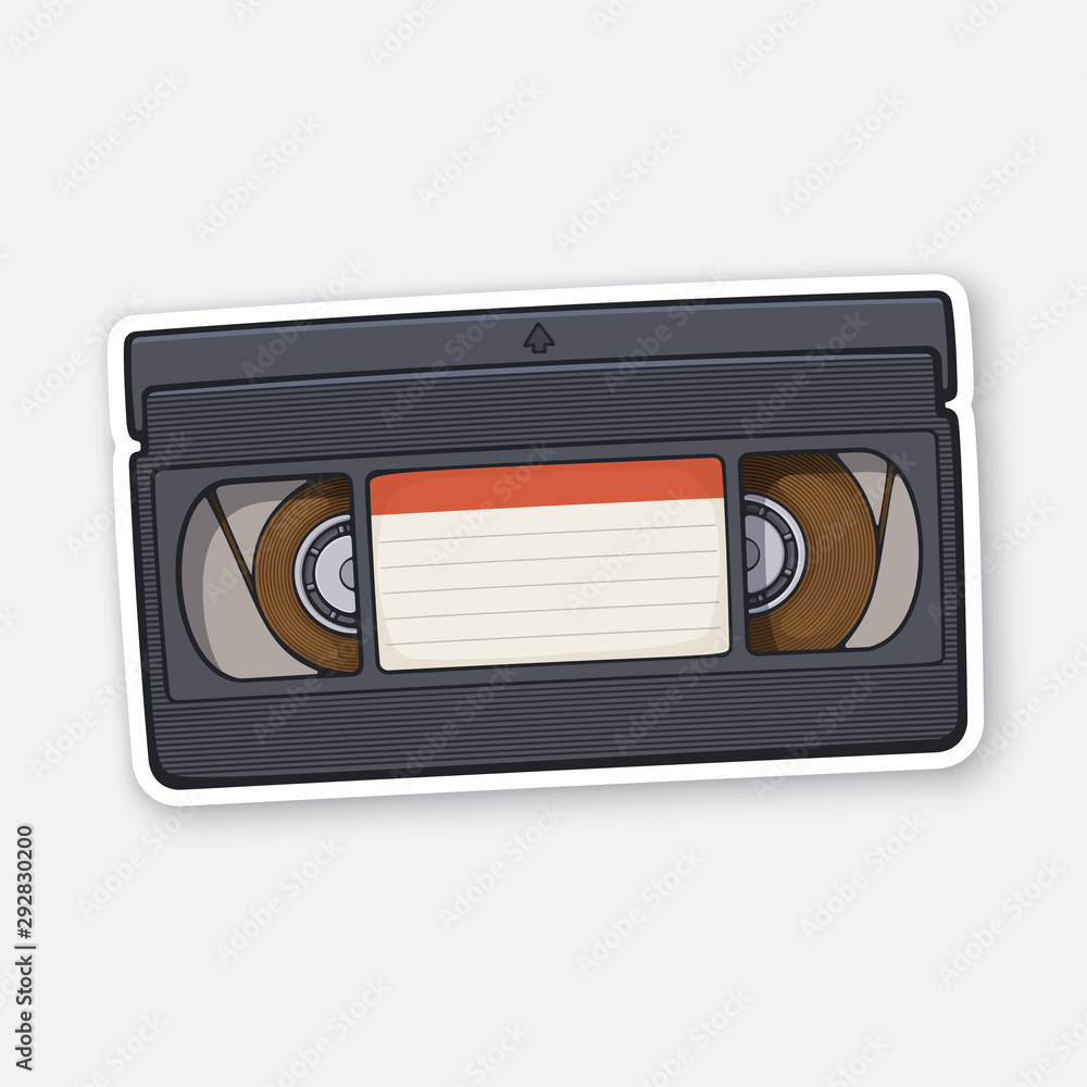 Vector illustration. VHS cassette. Video tape record system. Retro storage  of analog information. Sticker with contour. Isolated on white background  Stock Vector