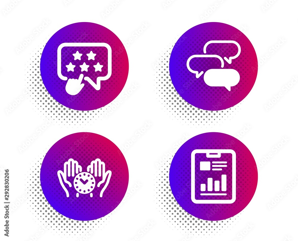 Talk bubble, Ranking star and Safe time icons simple set. Halftone dots button. Report document sign. Chat message, Click rank, Management. Page with charts. Education set. Vector