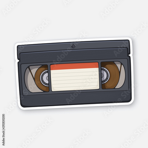 Vector illustration. VHS cassette. Video tape record system. Retro storage of analog information. Sticker with contour. Isolated on white background