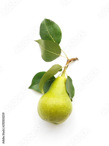 Green pears with leaves isolated on white background, top view