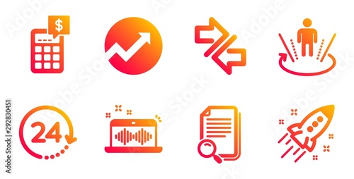 Search file, Augmented reality and Synchronize line icons set. Audit, 24 hours and Music making signs. Calculator, Startup rocket symbols. Find document, Virtual reality. Technology set. Vector