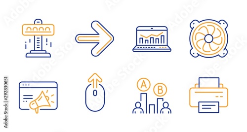 Attraction, Computer fan and Web analytics line icons set. Seo marketing, Swipe up and Ab testing signs. Next, Printer symbols. Free fall, Pc ventilator. Technology set. Line attraction icon. Vector