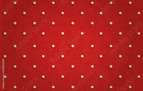 White pearls on a red-pink background with whirlpool patterns. Free space. Greeting card. Chinese motifs.