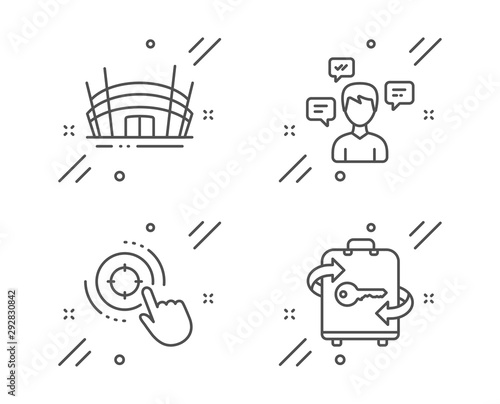Arena stadium, Conversation messages and Seo target line icons set. Luggage sign. Competition building, Communication, Click aim. Baggage locker. Business set. Line arena stadium outline icon. Vector